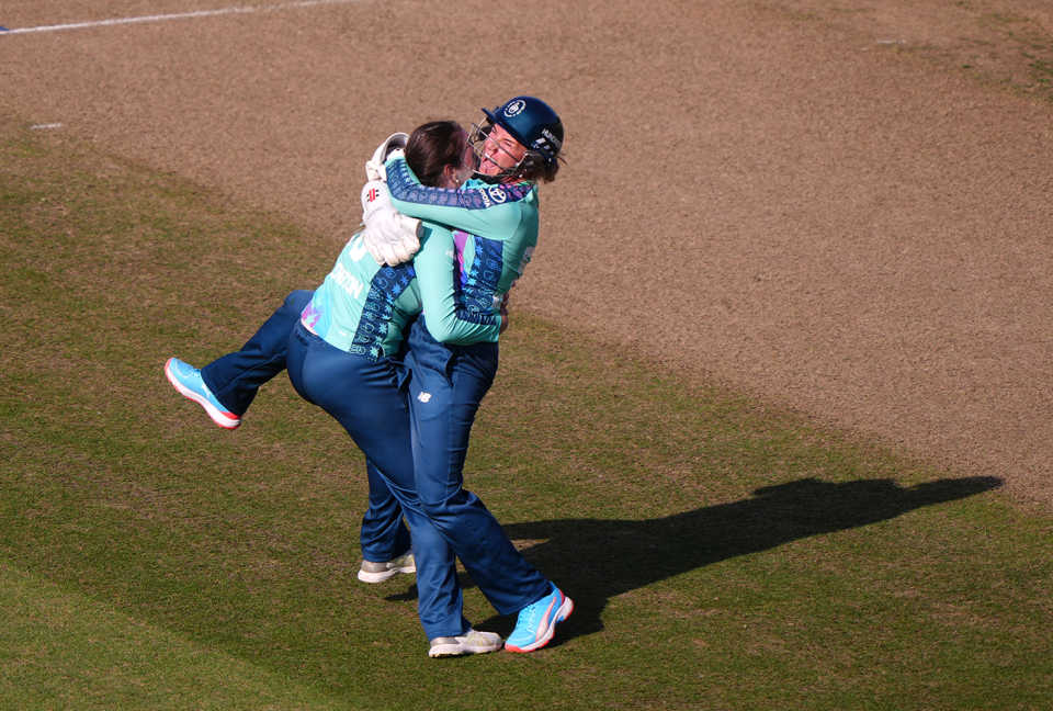 Amanda-Jade Wellington gets a hug from Lauren Winfield-Hill, Birmingham Phoenix vs Oval Invincibles, Women's Hundred, Edgbaston, August 12, 2025