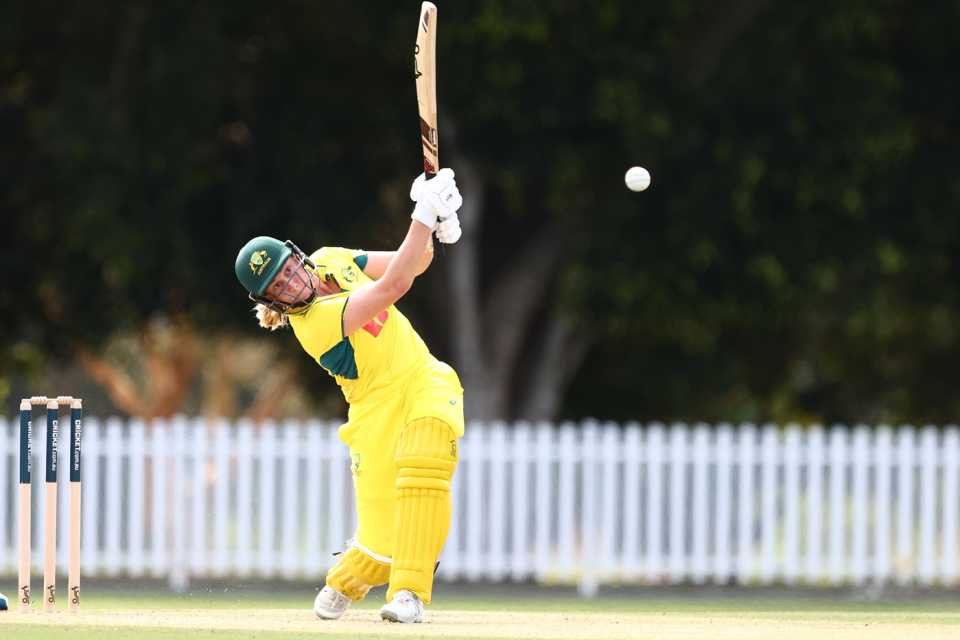 Anika Learoyd hits a big one during her 92 not out, Australia A vs India A, 1st women's one-dayer, Ian Healy Oval, Brisbane, August 13, 2025