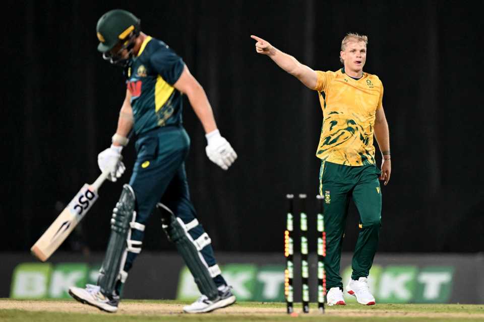 Corbin Bosch celebrates after dismissing Ben Dwarshuis, Australia vs South Africa, 2nd T20I, Darwin, August 12, 2025