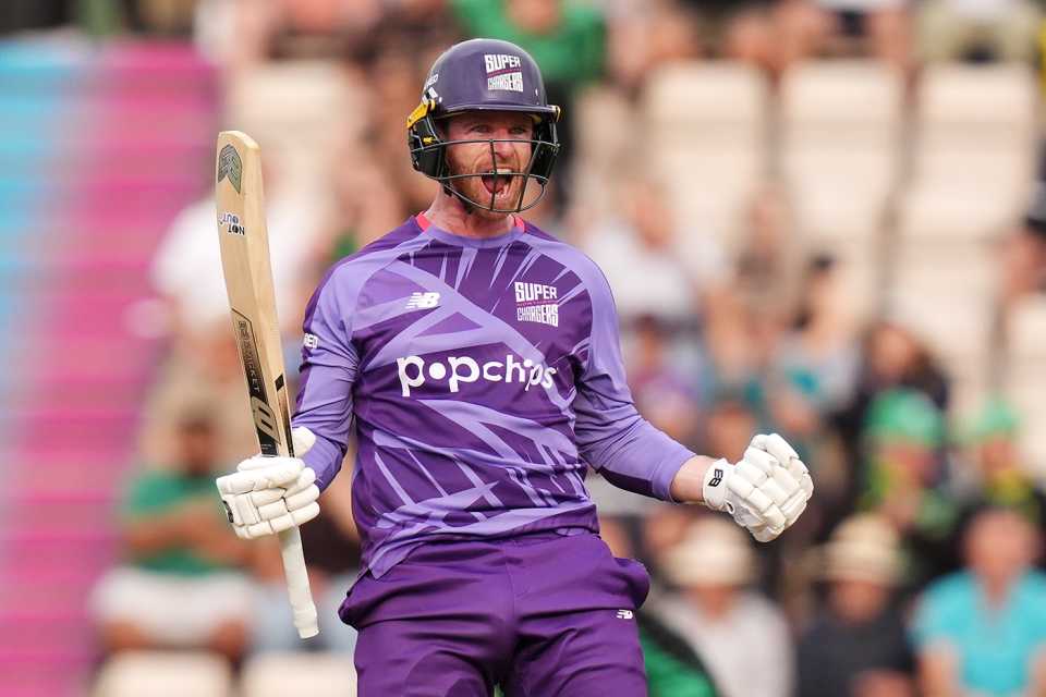 Graham Clark celebrates the winning moment, Southern Brave vs Northern Superchargers, Utilita Bowl, The Hundred Men's Competition, August 13, 2025