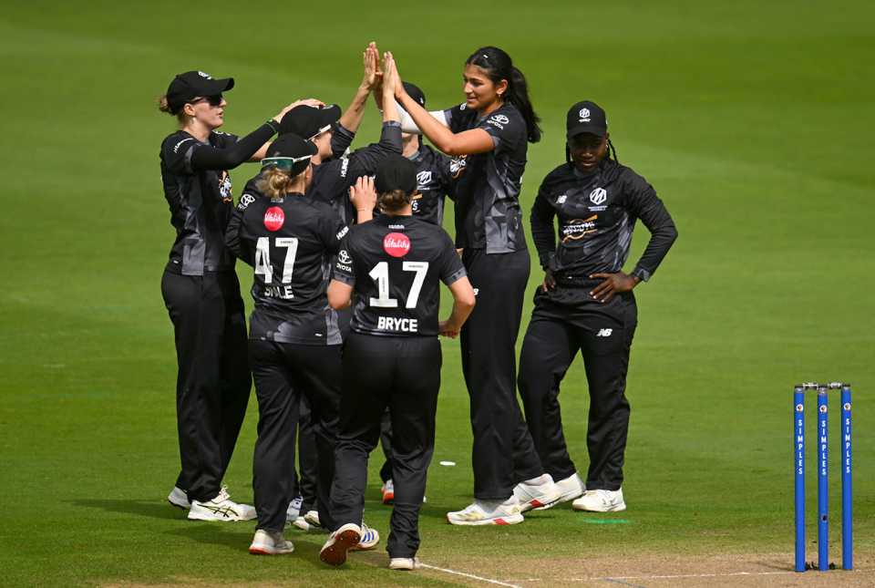 Mahika Gaur celebrates with team-mates after taking the wicket of Tammy Beaumont, Women's Hundred, Welsh Fire vs Manchester Originals, Sophia Gardens, August 13, 2025