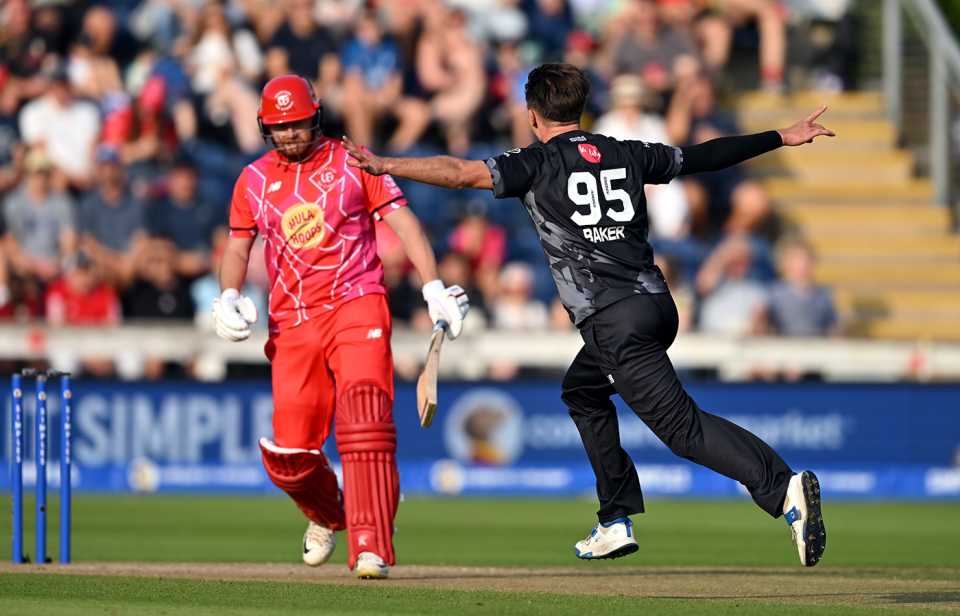 Sonny Baker celebrates the early wicket of Jonny Bairstow, Welsh Fire vs Manchester Originals, Cardiff, The Hundred (Men's), August 13, 2025