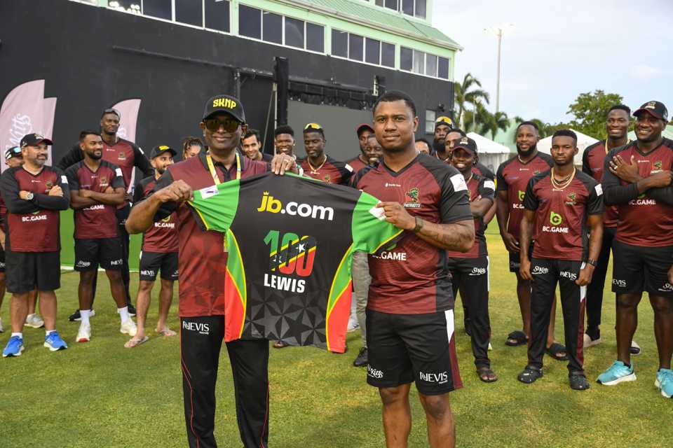 Evin Lewis is presented with a jersey to mark his 100th game for St Kitts and Nevis Patriots, St Kitts and Nevis Patriots vs Guyana Amazon Warriors, CPL, Basseterre, August 15, 2025
