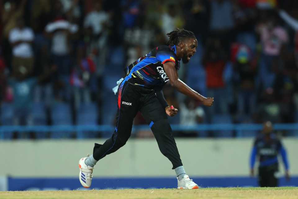 Shamar Springer celebrates after his stellar final over, Antigua and Barbuda Falcons vs Trinbago Knight Riders, CPL 2025, North Sound, August 20, 2025