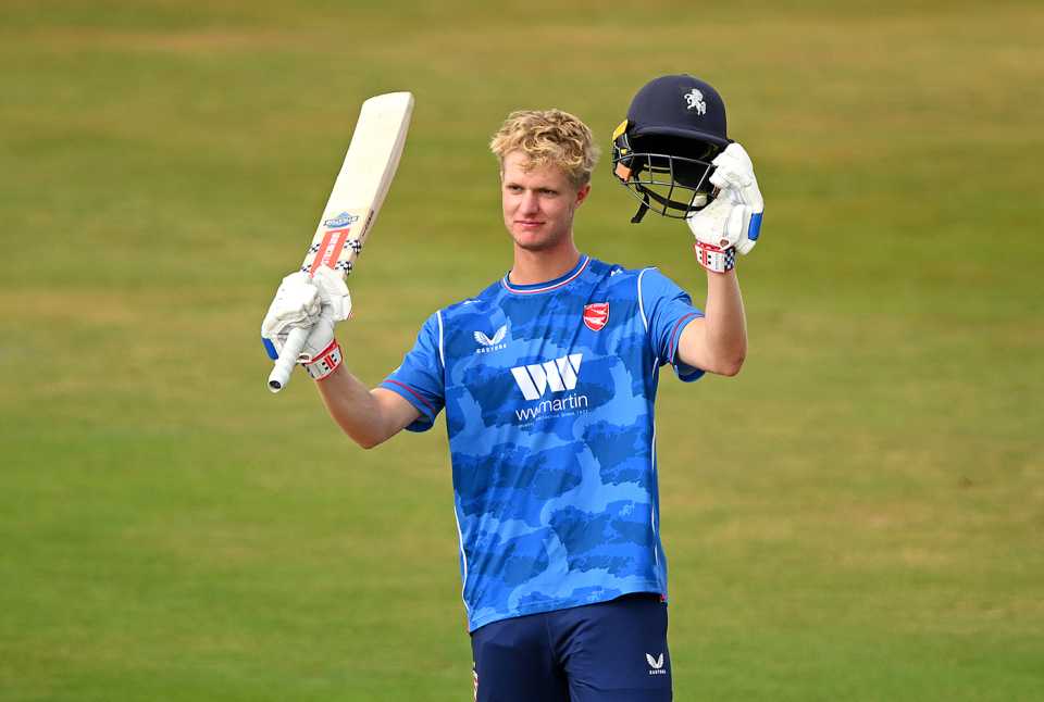 Ben Dawkins celebrates his century, Northamptonshire vs Kent, Wantage Road, Metro Bank One-Day Cup, August 21, 2025