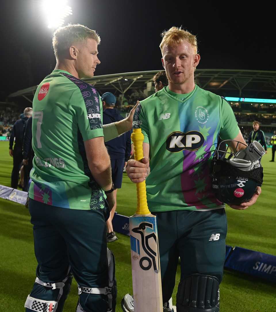 Sam Billings congratulates Jordan Cox, Oval Invincibles vs Trent Rockets, The Oval, The Hundred Men's Competition, August 21, 2025