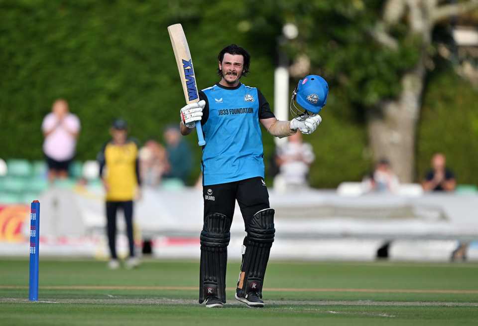 Rob Jones celebrates reaching his century, Metro Bank One Day Cup, Worcestershire Rapids vs Glamorgan, Worcester, August 22, 2025