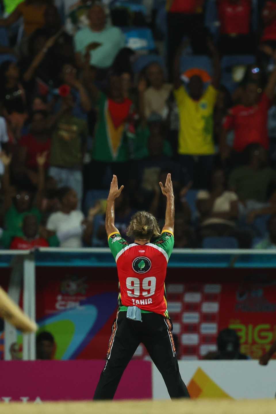 One for the fans - Imran Tahir celebrates after yet another strike, Antigua and Barbuda Falcons vs Guyana Amazon Warriors, CPL 2025, North Sound, August 22, 2025