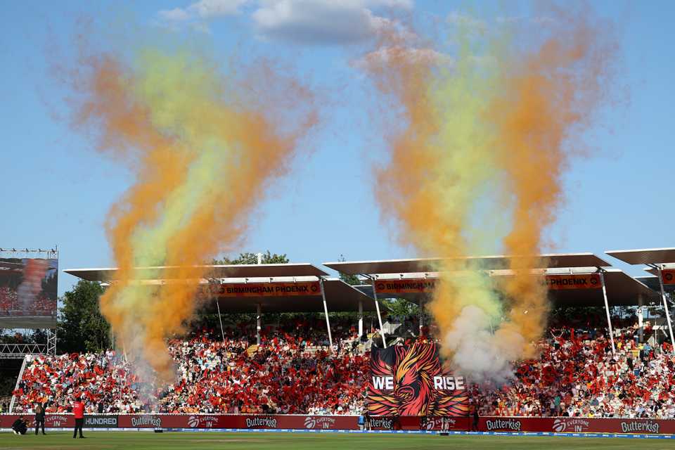 Fireworks and flags in the Eric Hollies Stand, Birmingham Phoenix vs Trent Rockets, Edgbaston, The Hundred Men's Competition, August 8, 2025