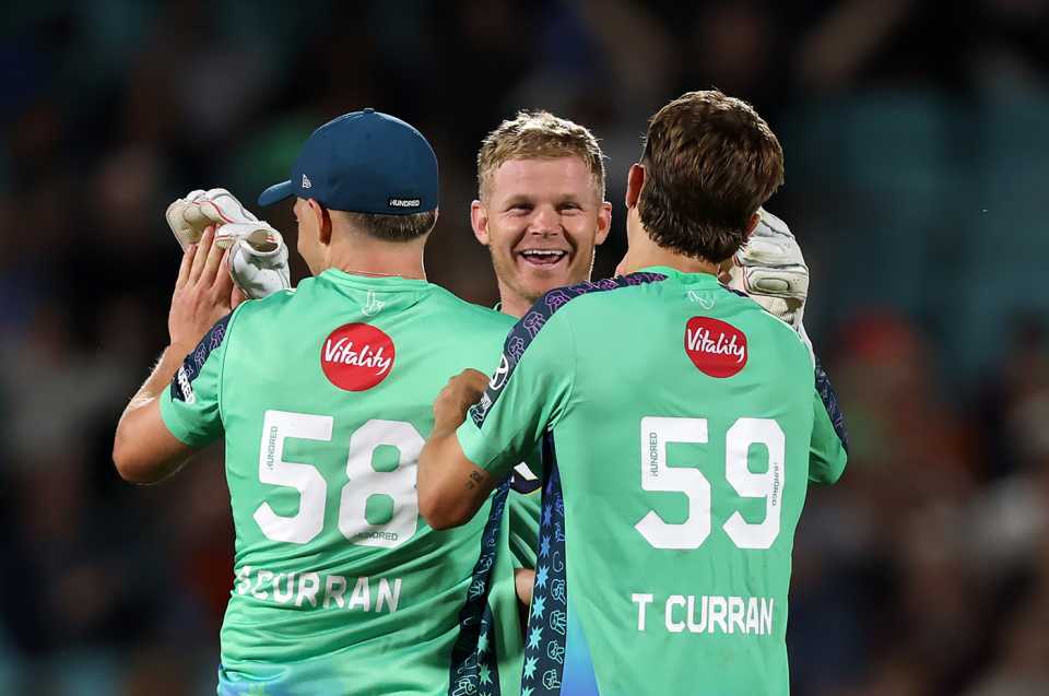 Sam Billings celebrates with the Curran brothers, Oval Invincibles vs Welsh Fire, Men's Hundred, The Oval, August 16, 2025