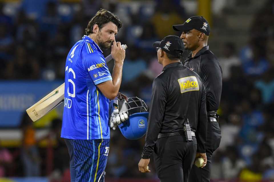 Tim David just can't get a satisfactory answer, St Lucia Kings vs Trinbago Knight Riders, CPL, Gros Islet, August 23, 2025