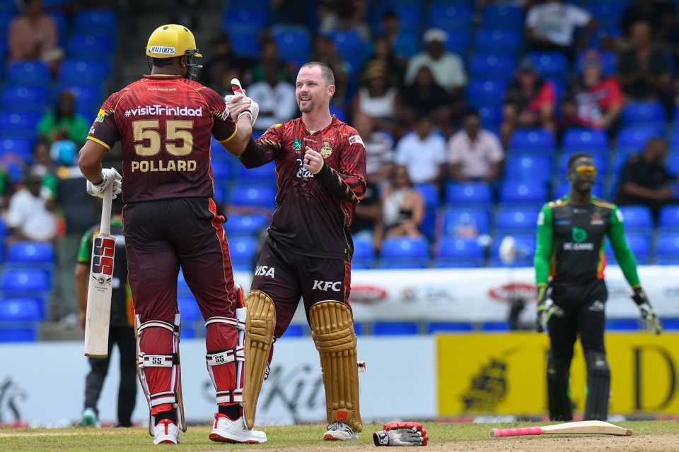 Colin Munro celebrates his hundred with Kieron Pollard, St Kitts & Nevis Patriots vs Trinbago Knight Riders, CPL 2025, Basseterre, August 17, 2025 