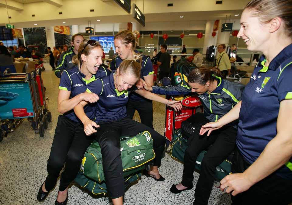 Australia women joke around at Sydney airport on their return home after winning the 2013 World Cup, ICC Women's World Cup 2013, Sydney, February 21, 2013
