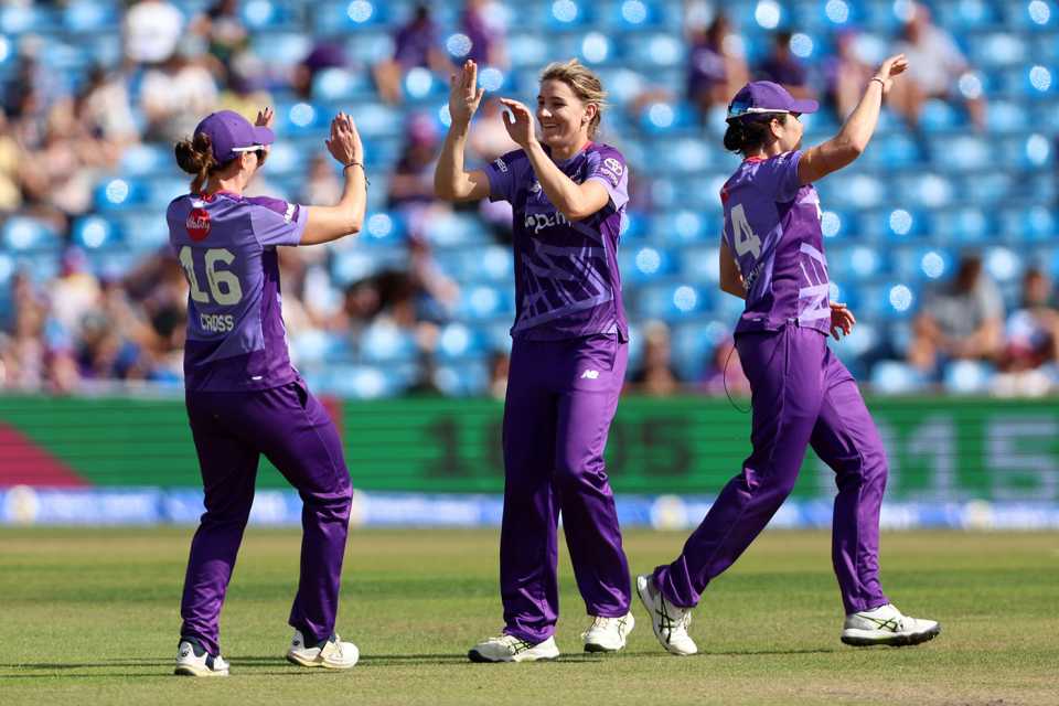 Annabel Sutherland celebrates with team-mates Alice Davidson-Richards and Kate Cross after taking the wicket of Beth Mooney, Women's Hundred, Northern Superchargers vs Manchester Originals, Headingley, August 26, 2025