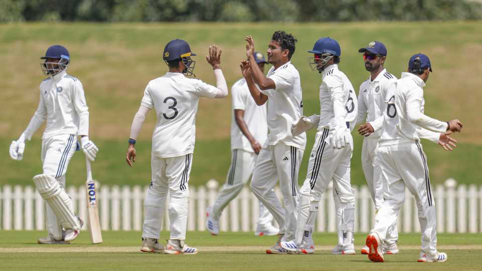 Manishi celebrates another wicket for his team, North Zone vs East Zone, day 1, Bengaluru, August 28, 2025