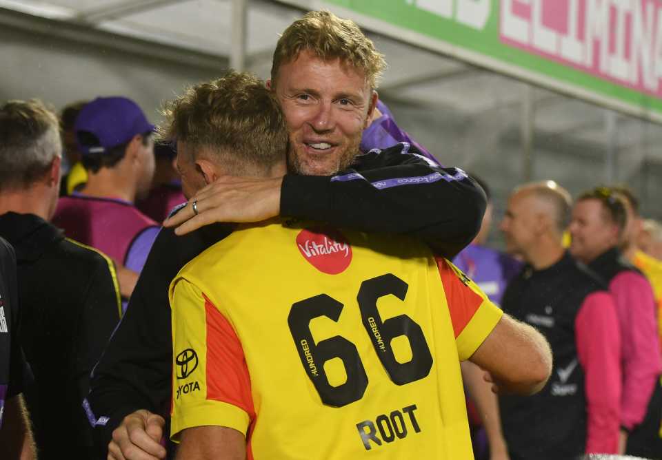 Andrew Flintoff congratulates Joe Root after Rockets progressed to the final, Northern Superchargers vs Trent Rockets, The Kia Oval, The Hundred Men's Competition, August 30, 2025