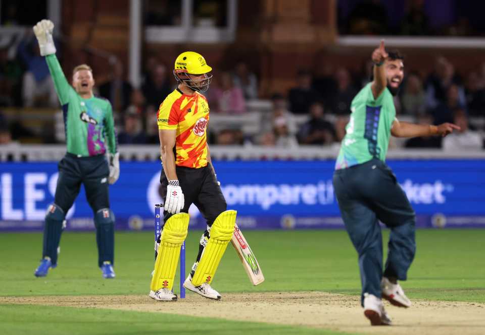 Saqib Mahmood capped the victory with the last-ball wicket of Marcus Stoinis, Oval Invincibles vs Trent Rockets, The Hundred Men's Competition, Final, Lord's, August 31, 2025
