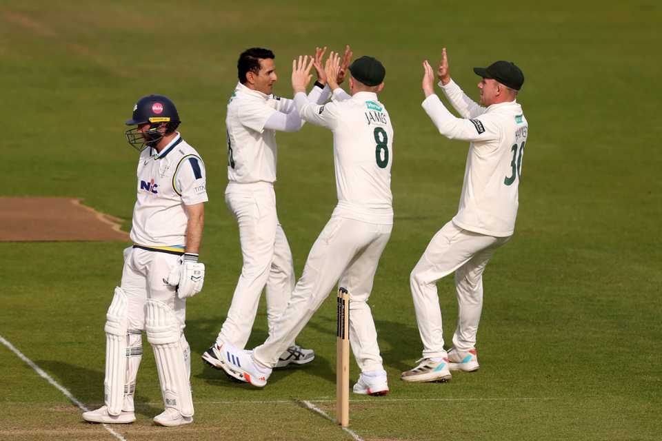 Mohammad Abbas celebrates the wicket of Adam Lyth, Yorkshire vs Nottinghamshire, County Championship, Division One, Headingley, May 23, 2025