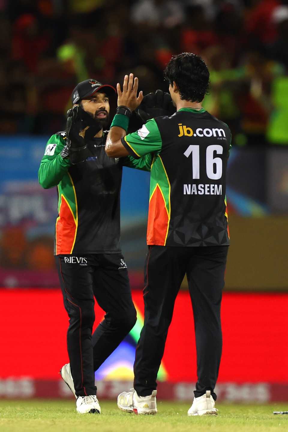 Patriots' Pakistani stars Mohammad Rizwan and Naseem Shah celebrate a wicket, Guyana Amazon Warriors vs St Kitts and Nevis Patriots, CPL 2025, Providence, September 7, 2025