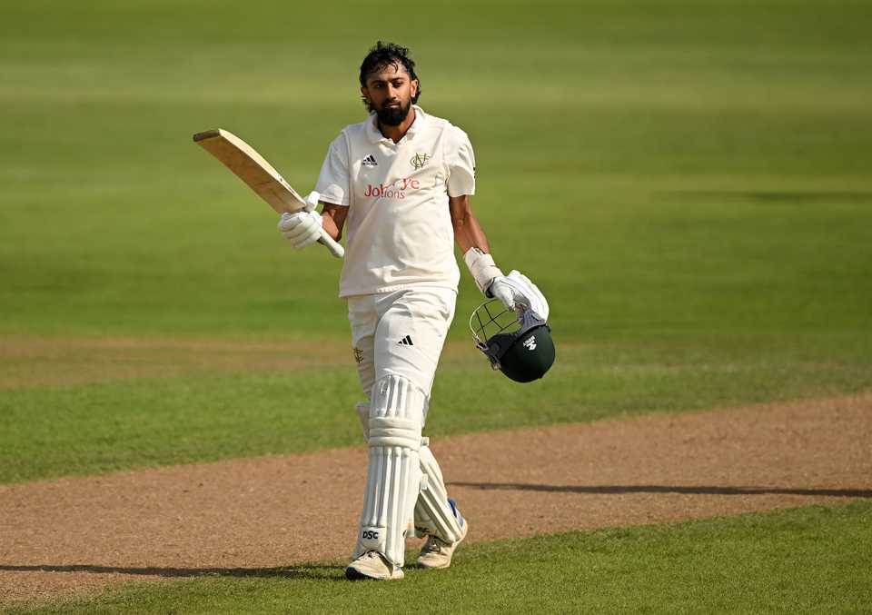 Haseeb Hameed raises his bat on reaching a double-century, Nottinghamshire vs Somerset, County Championship, Trent Bridge, July 31, 2025