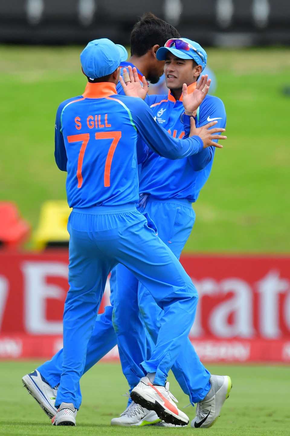 Shubman Gill and Abhishek Sharma celebrate a wicket, Australia v India, Under-19 World Cup, final, Mount Maunganui, February 3, 2018