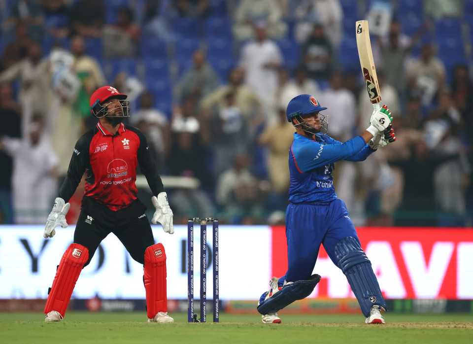 Azmatullah Omarzai plays a shot during his late-innings blitz, Afghanistan vs Hong Kong, Men's T20 Asia Cup, Abu Dhabi, September 09, 2025