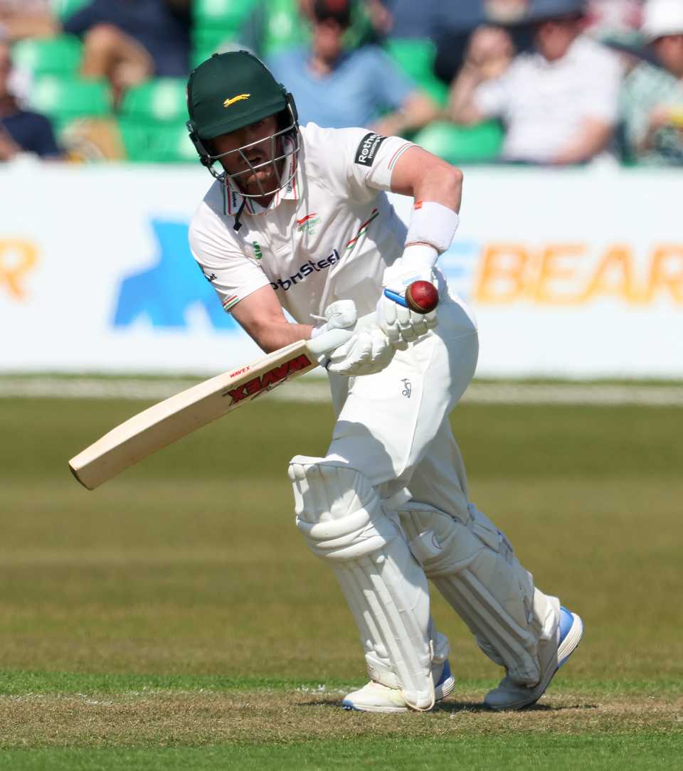 Lewis Hill tucks the ball leg side, Leicestershire vs Derbyshire, County Championship, Division Two, Grace Road, April 11, 2025