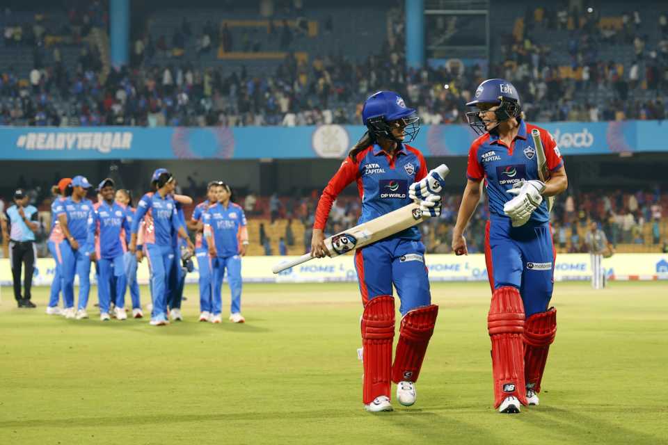 Jemimah Rodrigues and Meg Lanning walk off after their innings, Delhi Capitals vs Mumbai Indians, WPL 2025, Bengaluru, February 28, 2025 