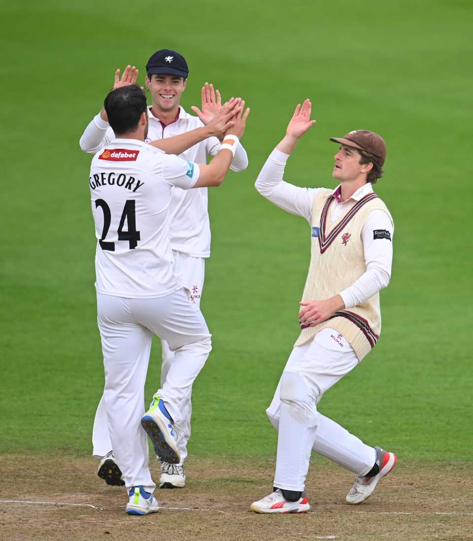 Lewis Gregory celebrates a breakthrough, Somerset vs Yorkshire, County Championship, Taunton, September 11, 2025