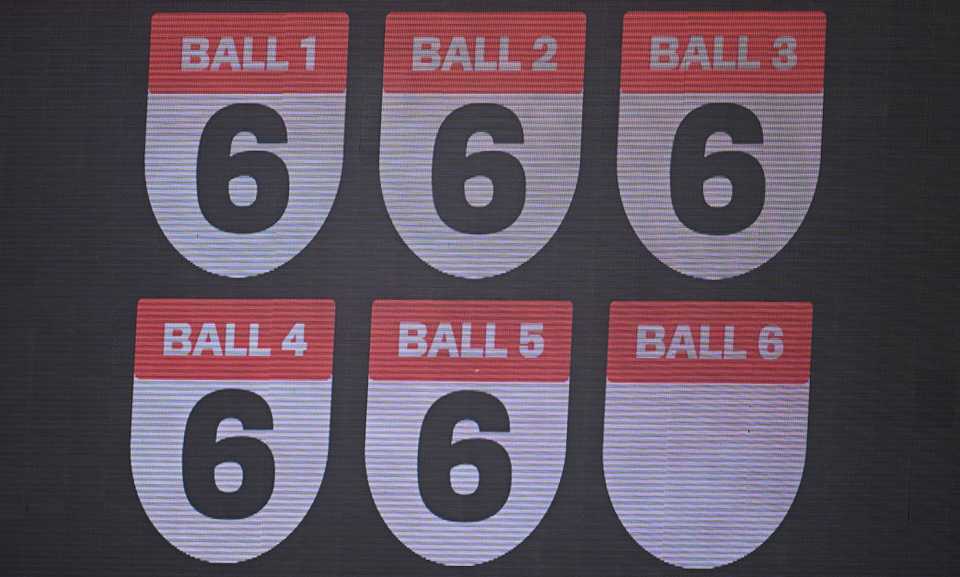 The scoreboard shows Chris Lynn's five consecutive sixes off Lloyd Pope, Northants vs Hampshire, Vitality Blast semi-final, Edgbaston, September 13, 2025