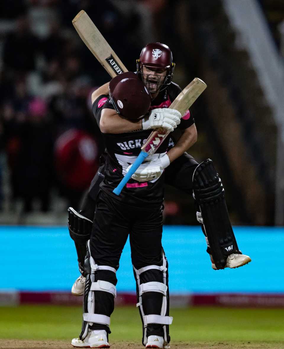 Lewis Gregory and Sean Dickson celebrate the moment of Somerset's victory, Hampshire vs Somerset, Men's T20 Blast final, Edgbaston, September 13, 2025