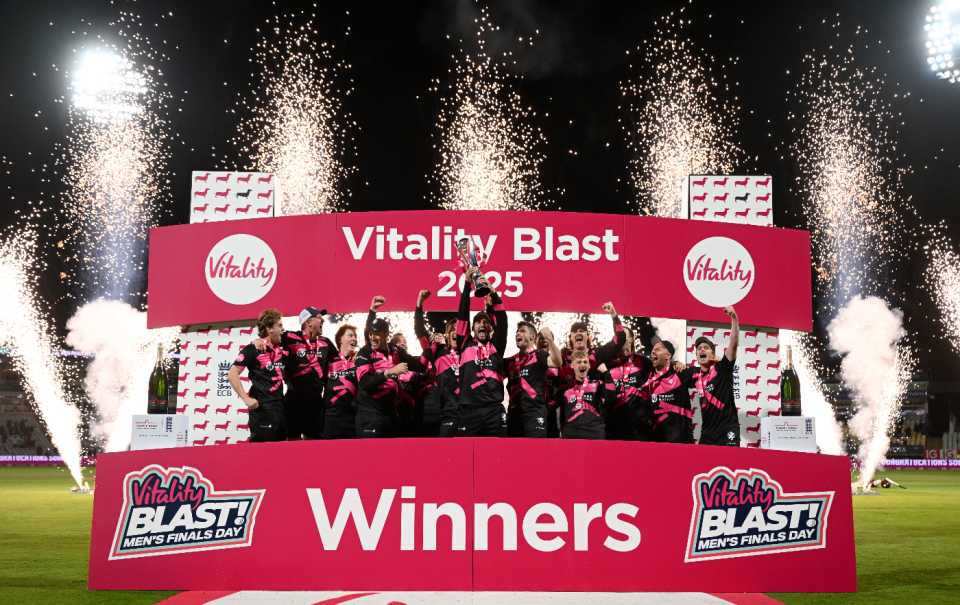 Lewis Gregory lifts the Vitality Blast trophy after Somerset's victory over Hampshire, Hampshire vs Somerset, Men's T20 Blast final, Edgbaston, September 13, 2025