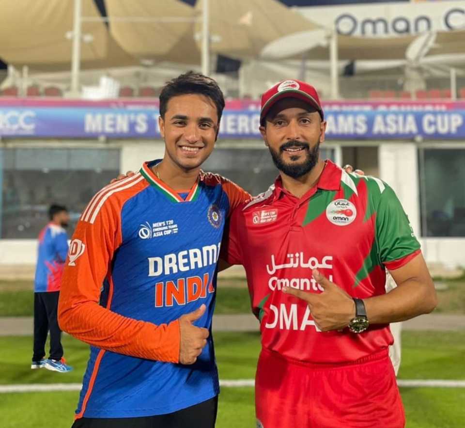 Abhishek Sharma and Sufyan Mehmood catch up, Oman vs India, Al Amerat, ACC Men's T20 Emerging Teams Asia Cup, October 23, 2024