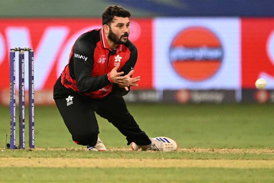 Kinchit Shah fields off his own bowling, Sri Lanka vs Hong Kong, Men's T20 Asia Cup, Dubai, September 15, 2025