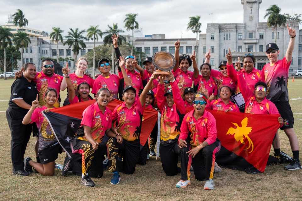 PNG Women celebrate after winning the East Asia Pacific Qualifier, Papua New Guinea vs Vanuatu, ICC Women's T20 World Cup East Asia Pacific Qualifier, final, Suva, September 15, 2025
