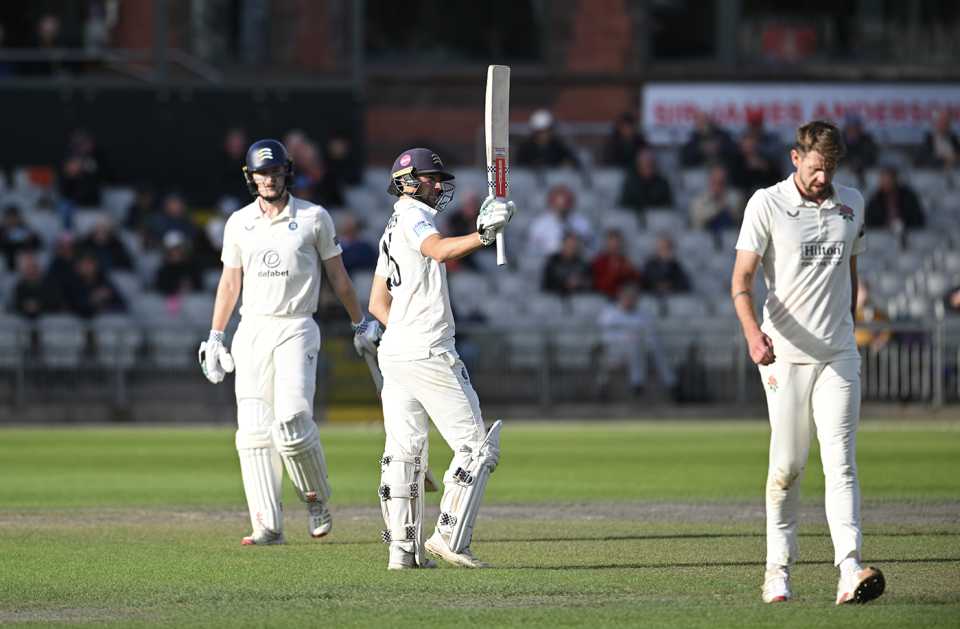 Josh De Caires acknowledges his half-century, Lancashire vs Middlesex, County Championship, Old Trafford, September 16, 2025