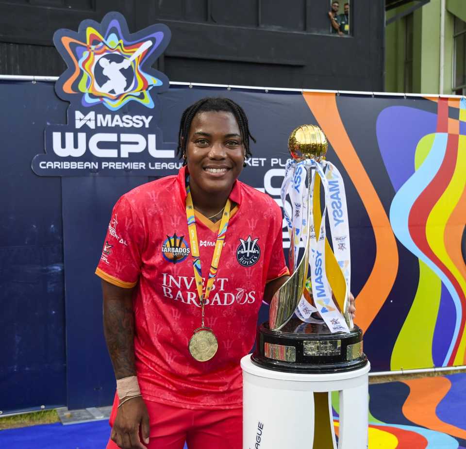 Chinelle Henry poses with the Women's Caribbean Premier League trophy, Barbados Royals vs Guyana Amazon Warriors, WCPL, Guyana, September 17, 2025