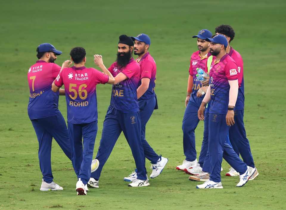 Simranjeet Singh celebrates a wicket with his team-mates, UAE vs Pakistan, Men's T20 Asia Cup, Dubai, September 17, 2025