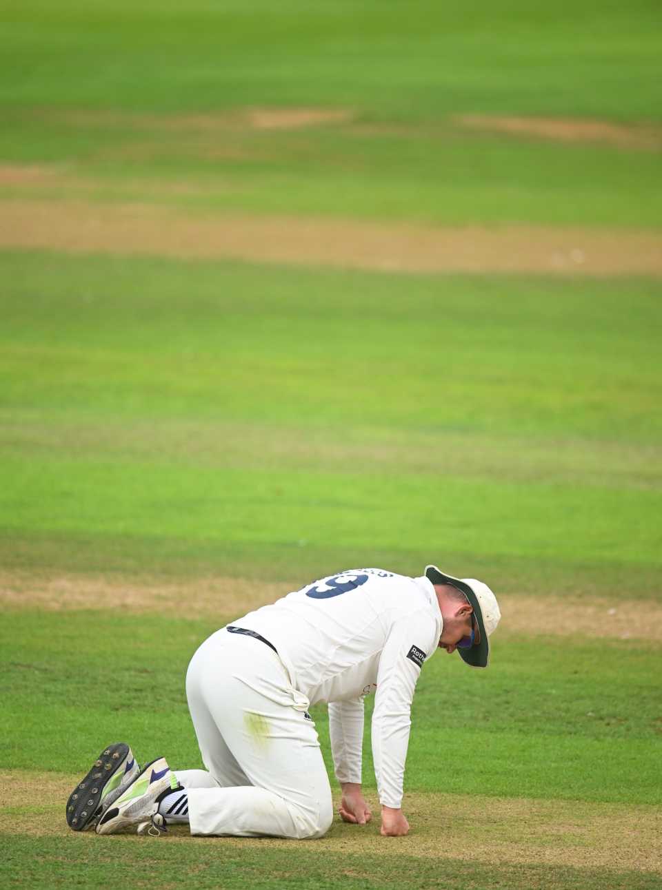 Alex Lees assesses the Taunton pitch on day one, Somerset vs Durham, Taunton, Division One, Rothesay County Championship, July 22, 2025 
