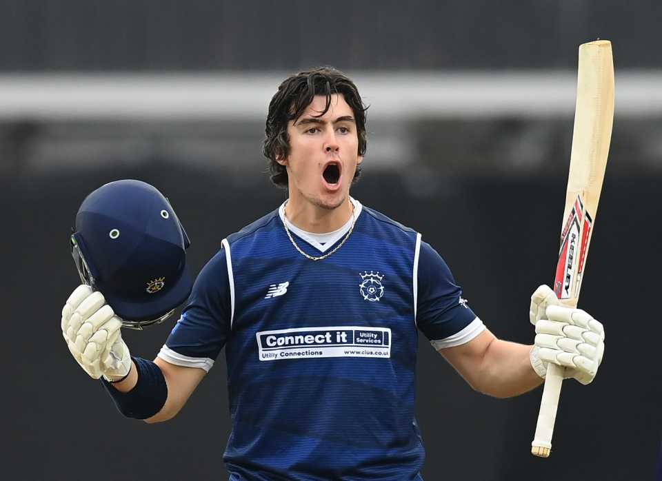 Ali Orr celebrates his century in the final, Metro Bank One-Day Cup final, Trent Bridge, September 20, 2025