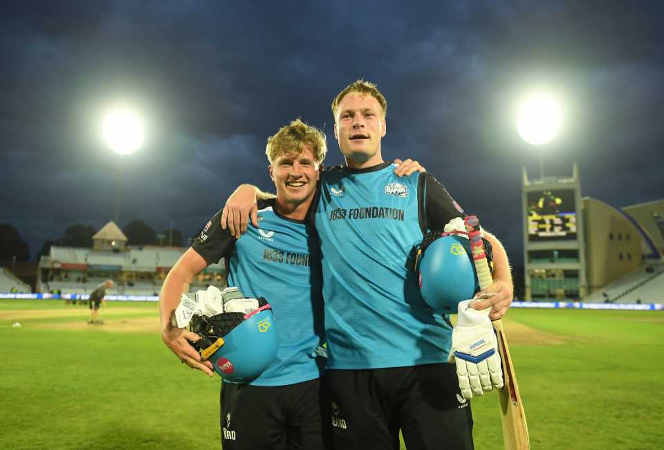 Matthew Waite and Henry Cullen celebrate the winning moment for Worcestershire, Metro Bank One-Day Cup final, Trent Bridge, September 20, 2025