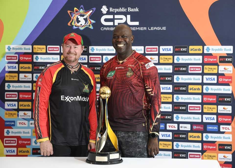 Guyana Amazon Warriors head coach Lance Klusener and Trinbago Knight Riders assistant coach Ottis Gibson with the CPL trophy ahead of the final, CPL 2025, Providence, September 20, 2025