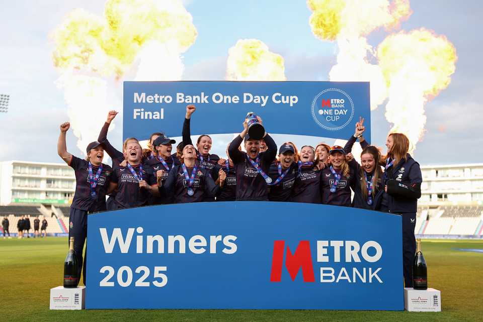 Ellie Threlkeld holds the One-Day Cup aloft, Hampshire vs Lancashire, Women's One-Day Cup final, Southampton, September 21, 2025