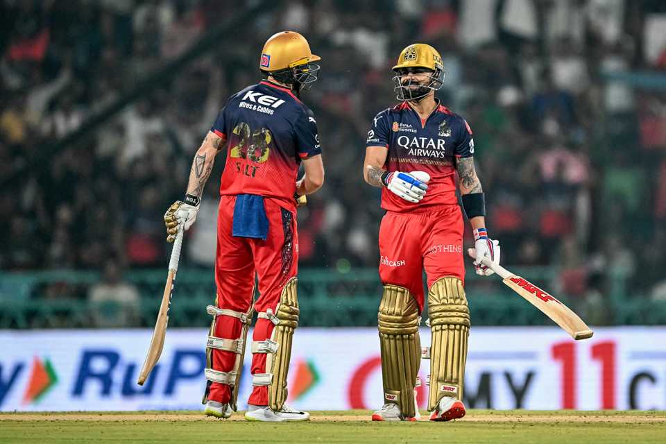 Phil Salt and Virat Kohli share a light moment, Royal Challengers Bengaluru vs Sunrisers Hyderabad, IPL, Lucknow, May 23, 2025
