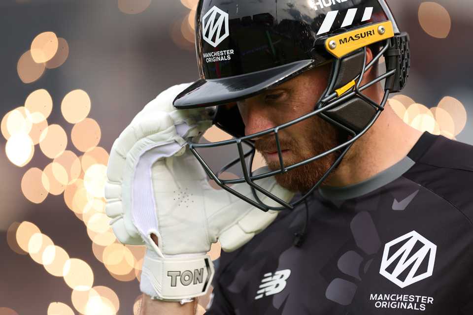 Phil Salt adjusts his helmet, Manchester Originals vs Birmingham Phoenix, Emirates Old Trafford, The Hundred men's competition, August 24, 2025
