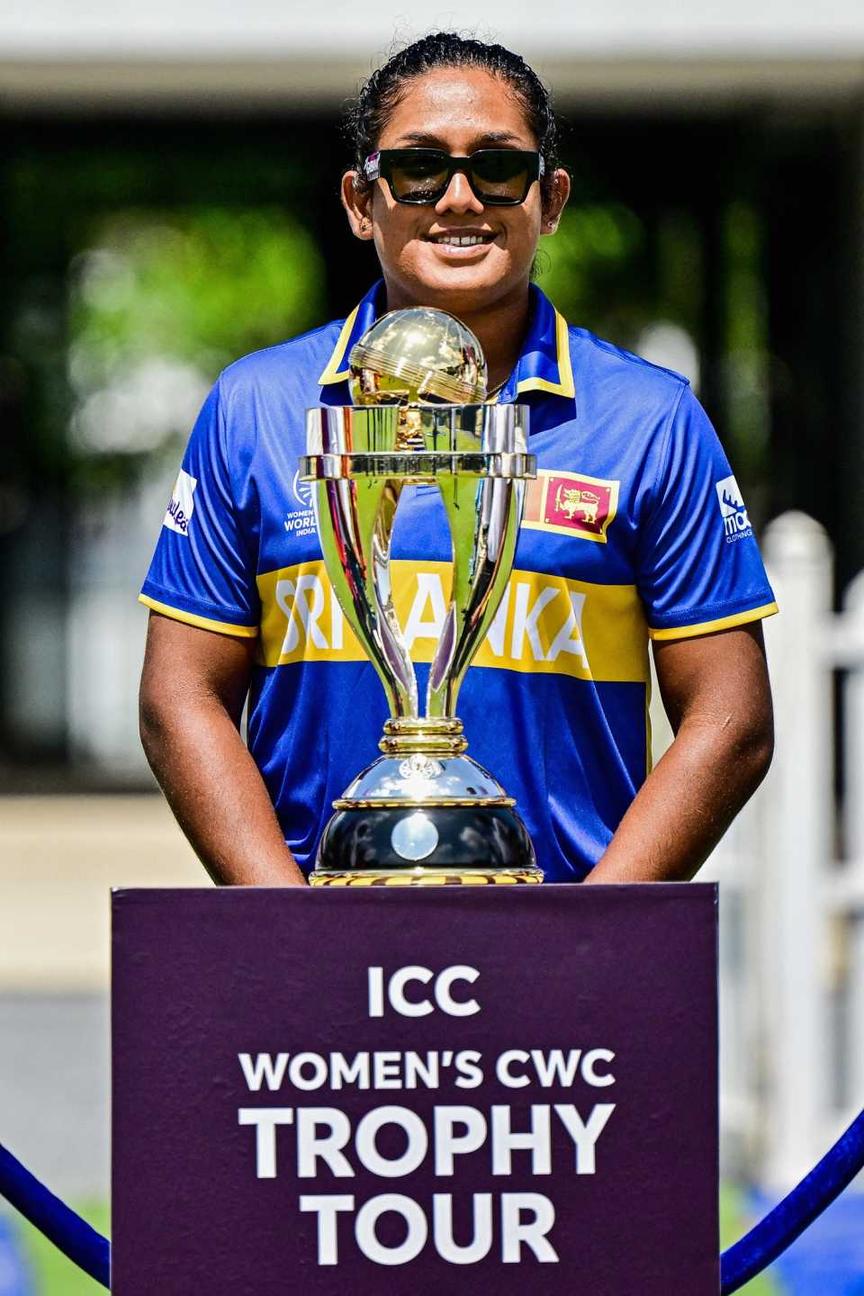 Chamari Attapaththu pose with the World Cup trophy, Women's World Cup, Colombo, September 25, 2025 