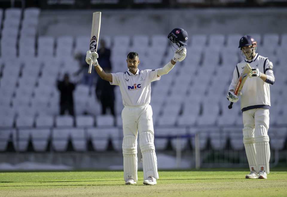 Mayank Agarwal celebrates reaching his hundred, Yorkshire vs Durham, County Championship, Headingley, September 25, 2025