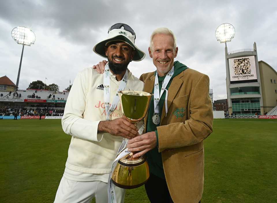 Haseeb Hameed and Peter Moores pose with the County Championship trophy, Nottinghamshire vs Warwickshire, County Championship, Division One, Trent Bridge, September 26, 2025