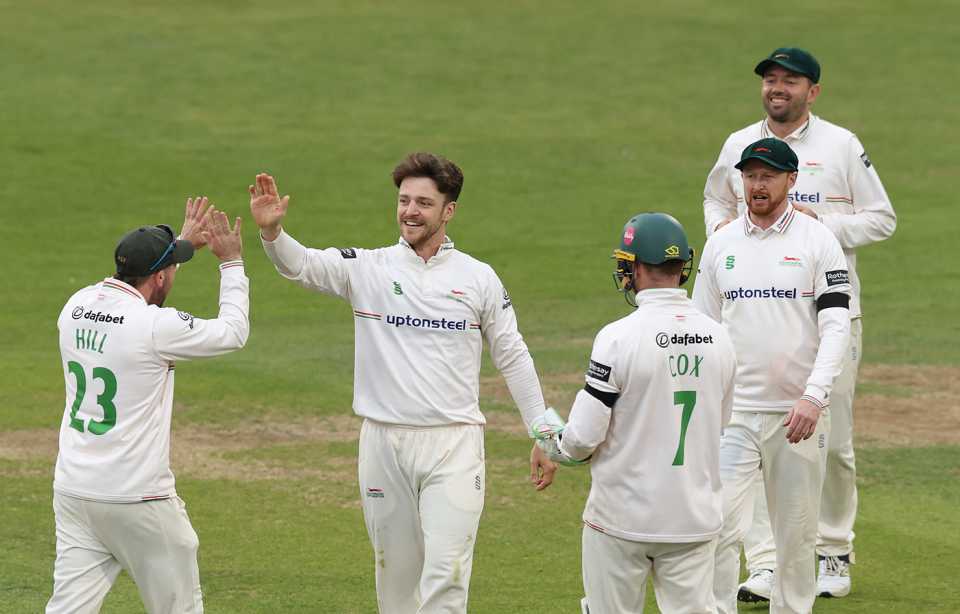 Liam Trevaskis celebrates a wicket, Northamptonshire vs Leicestershire, County Championship, Wantage Road, September 26, 2025