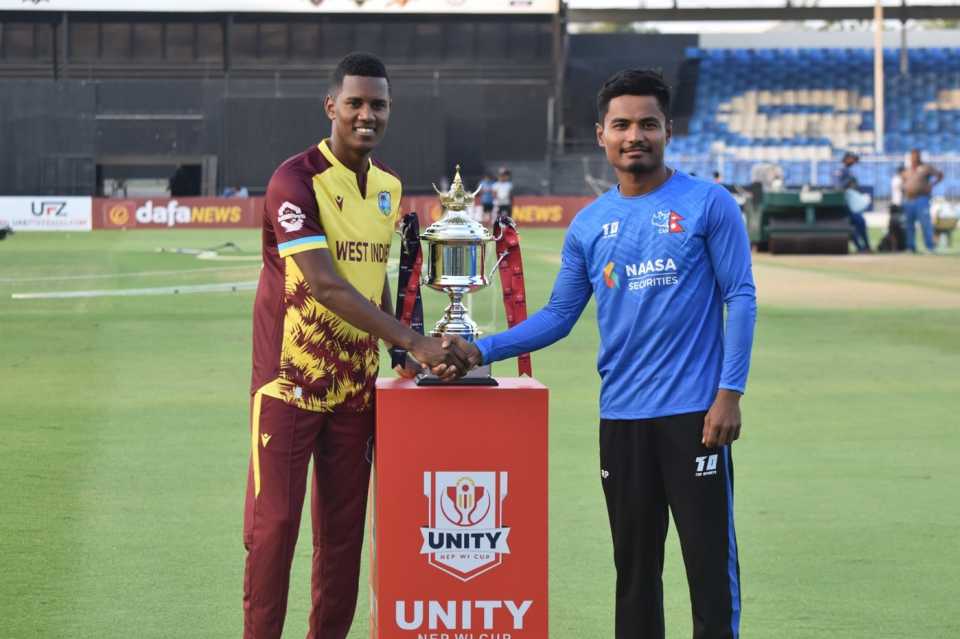 Akeal Hosein and Rohit Paudel pose with the series trophy, Nepal vs West Indies, 1st T20I, Sharjah, September 26, 2025